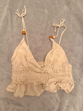 Women's Beige Smocked Ruffle Tank Top